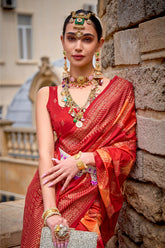 Orange shaded leheriya silk saree with aqua finish weaving saree | Silk Saree | Shaded leheriya style Saree